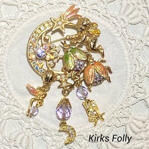 Kirks Folly Fairy Fireflies Brooch Pin Goldtone Enamel Cherub Crystals & Moon